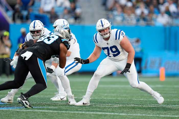 Nov 5, 2023; Charlotte, North Carolina, USA; Indianapolis Colts offensive tackle Bernhard Raimann (79) during the first quarter against the Carolina Panthers at Bank of America Stadium. Mandatory Credit: Jim Dedmon-USA TODAY Sports